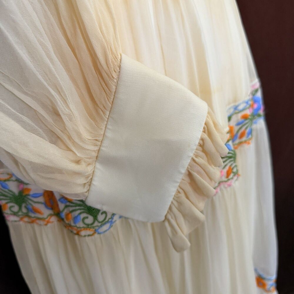 Vintage Prairie Maxi Dress S Embroidered Floral Sheer Sleeves Boho Cottagecore - Picture 7 of 13